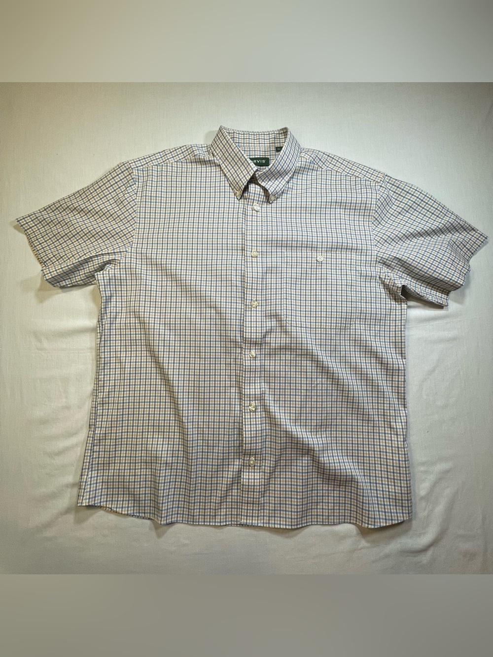 Orvis Button Down Shirt Mens XL Blue Orange Gingham Plaid Short Sleeve Cotton